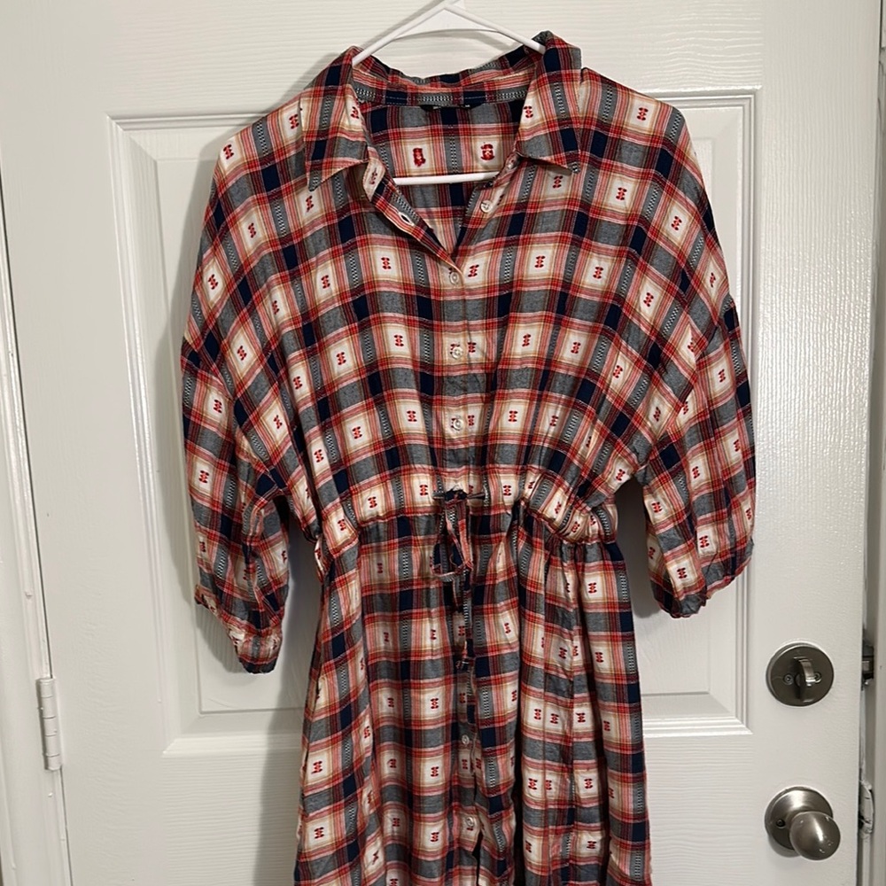 Plaid Button-Up Dress with Drawstring Waist